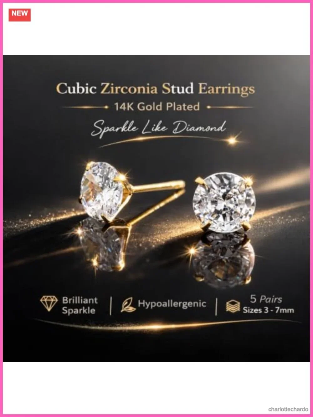 14K Gold Plated Hypoallergenic CZ & Pearl Stud Earrings Set - 10 Pairs